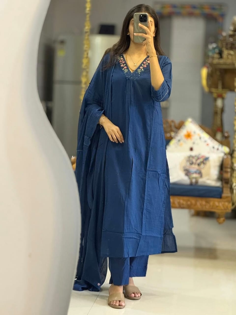 Royal Blue Neck Embroidery Cotton Handwork Straight Suit - BONYHUBSALWAR KAMEEZ