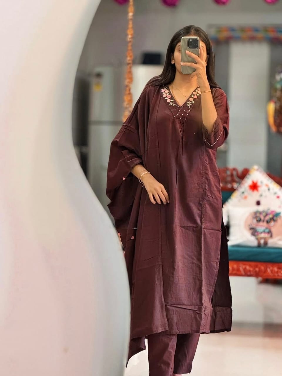 Brown Neck Embroidery Cotton Handwork Straight Suit - BONYHUBSALWAR KAMEEZ