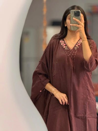 Brown Neck Embroidery Cotton Handwork Straight Suit - BONYHUBSALWAR KAMEEZ