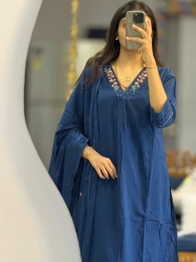 Royal Blue Neck Embroidery Cotton Handwork Straight Suit - BONYHUBSALWAR KAMEEZ