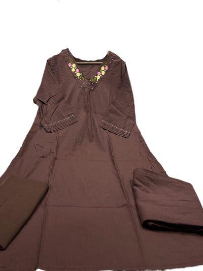 Brown Neck Embroidery Cotton Handwork Straight Suit - BONYHUBSALWAR KAMEEZ