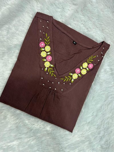 Brown Neck Embroidery Cotton Handwork Straight Suit - BONYHUBSALWAR KAMEEZ