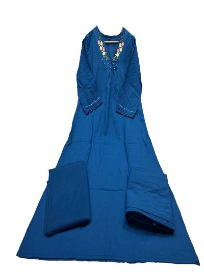 Royal Blue Neck Embroidery Cotton Handwork Straight Suit - BONYHUBSALWAR KAMEEZ