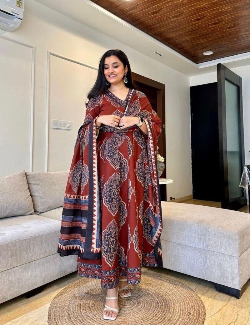 Red Katha Embroidery Angrakha Style Cotton Anarkali Suit Set - BONYHUBSALWAR KAMEEZ