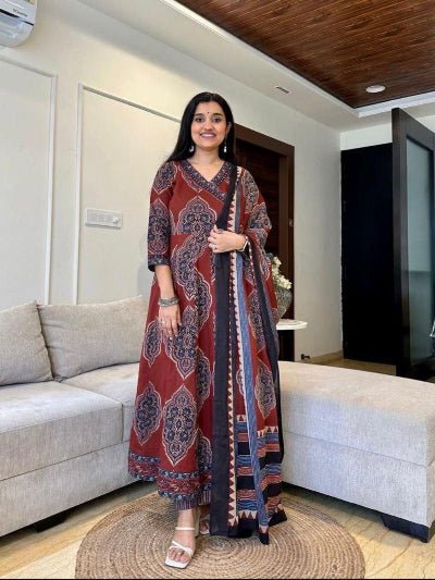 Red Katha Embroidery Angrakha Style Cotton Anarkali Suit Set - BONYHUBSALWAR KAMEEZ