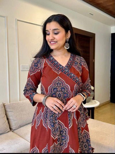 Red Katha Embroidery Angrakha Style Cotton Anarkali Suit Set - BONYHUBSALWAR KAMEEZ