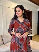 Red Katha Embroidery Angrakha Style Cotton Anarkali Suit Set - BONYHUBSALWAR KAMEEZ