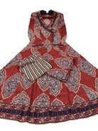 Red Katha Embroidery Angrakha Style Cotton Anarkali Suit Set - BONYHUBSALWAR KAMEEZ