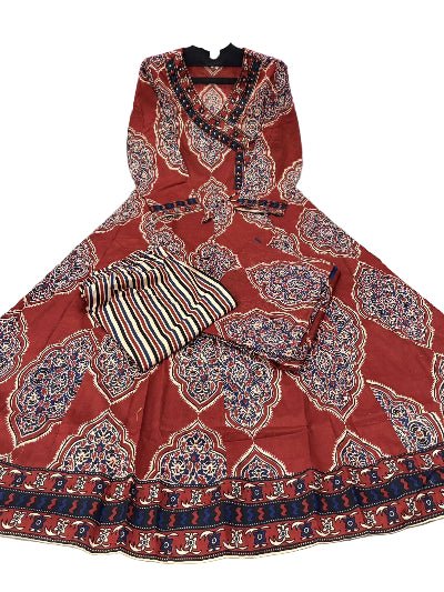 Red Katha Embroidery Angrakha Style Cotton Anarkali Suit Set - BONYHUBSALWAR KAMEEZ
