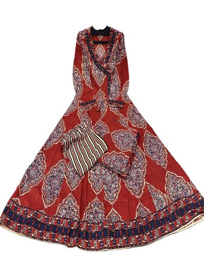 Red Katha Embroidery Angrakha Style Cotton Anarkali Suit Set - BONYHUBSALWAR KAMEEZ