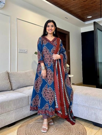 Blue Katha Embroidery Angrakha Style Cotton Anarkali Suit Set - BONYHUBSALWAR KAMEEZ