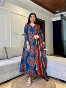 Blue Katha Embroidery Angrakha Style Cotton Anarkali Suit Set - BONYHUBSALWAR KAMEEZ