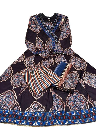 Black Katha Embroidery Angrakha Style Cotton Anarkali Suit Set - BONYHUBSALWAR KAMEEZ