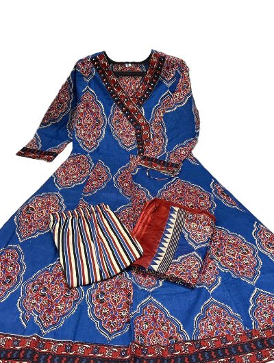 Blue Katha Embroidery Angrakha Style Cotton Anarkali Suit Set - BONYHUBSALWAR KAMEEZ