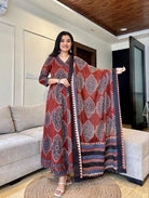 Red Katha Embroidery Angrakha Style Cotton Anarkali Suit Set - BONYHUBSALWAR KAMEEZ