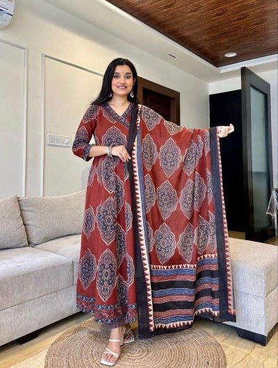 Red Katha Embroidery Angrakha Style Cotton Anarkali Suit Set - BONYHUBSALWAR KAMEEZ