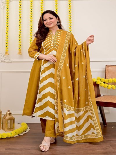 Mustard Yellow Printed Cotton Embroidery Anarkali Suit - BONYHUBSALWAR KAMEEZ