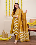 Mustard Yellow Printed Cotton Embroidery Anarkali Suit - BONYHUBSALWAR KAMEEZ