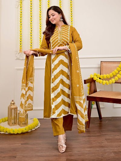 Mustard Yellow Printed Cotton Embroidery Anarkali Suit - BONYHUBSALWAR KAMEEZ