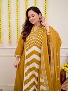 Mustard Yellow Printed Cotton Embroidery Anarkali Suit - BONYHUBSALWAR KAMEEZ