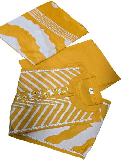 Mustard Yellow Printed Cotton Embroidery Anarkali Suit - BONYHUBSALWAR KAMEEZ