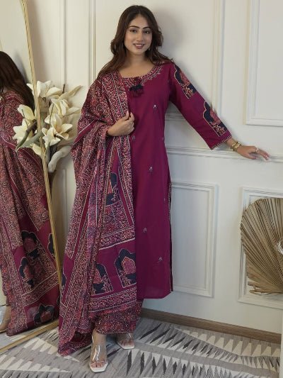 Burgandy Embroidery Pure Cotton Straight Suit - BONYHUBSALWAR KAMEEZ