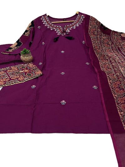 Burgandy Embroidery Pure Cotton Straight Suit - BONYHUBSALWAR KAMEEZ