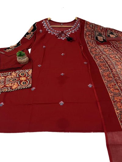 Red Embroidery Pure Cotton Ethnic Straight Suit - BONYHUBSALWAR KAMEEZ