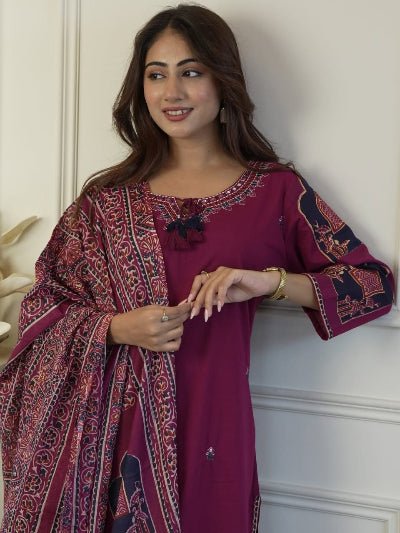 Burgandy Embroidery Pure Cotton Straight Suit - BONYHUBSALWAR KAMEEZ