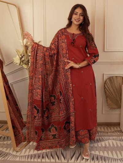 Red Embroidery Pure Cotton Ethnic Straight Suit - BONYHUBSALWAR KAMEEZ