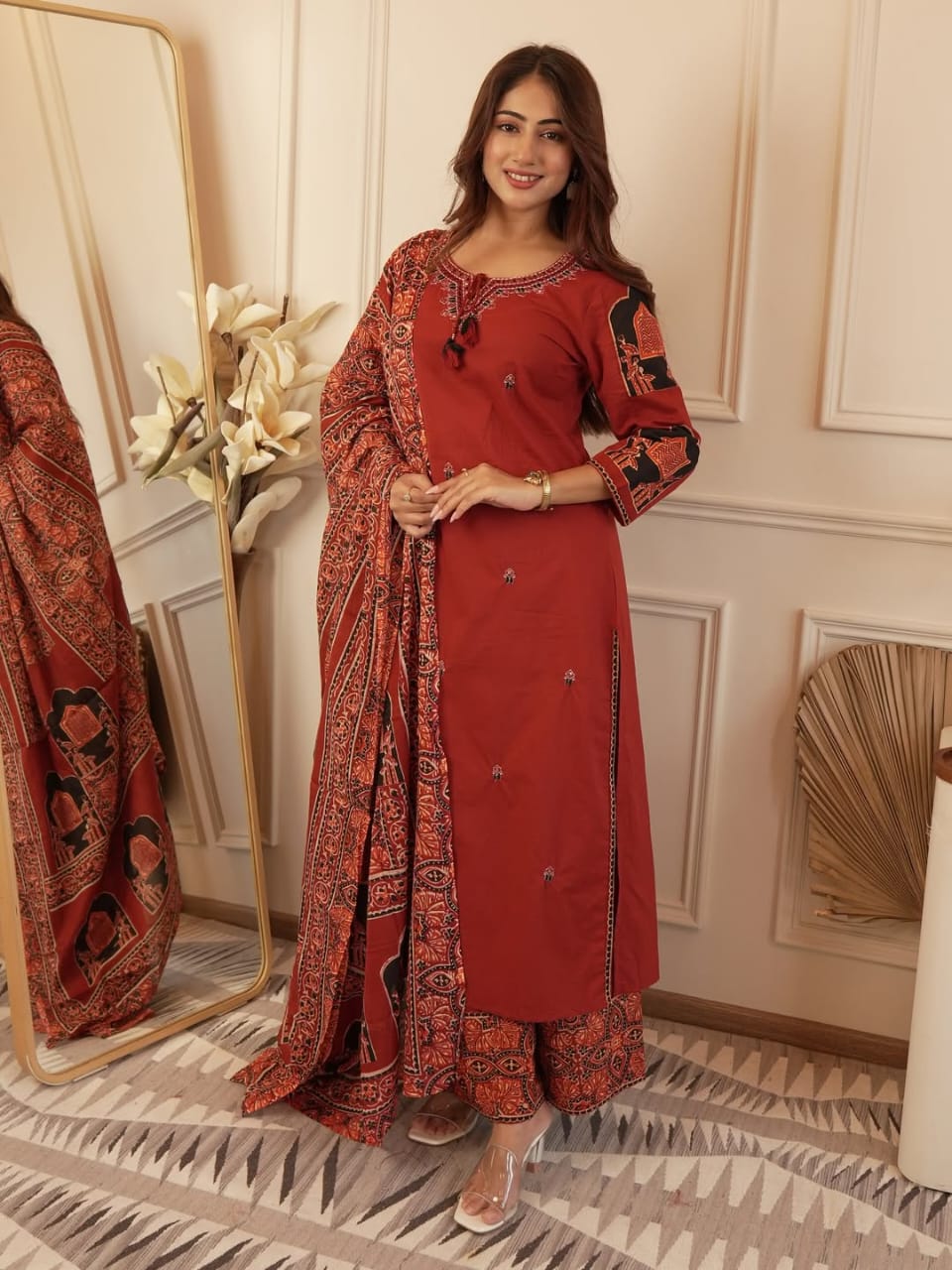 Red Embroidery Pure Cotton Ethnic Straight Suit - BONYHUBSALWAR KAMEEZ