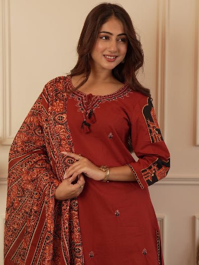 Red Embroidery Pure Cotton Ethnic Straight Suit - BONYHUBSALWAR KAMEEZ