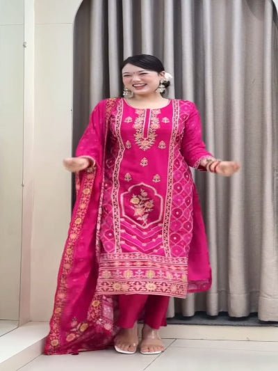 Rani Pink Pure Muslin Silk Straight Suit Set - BONYHUBSALWAR KAMEEZ