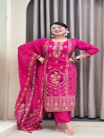 Rani Pink Pure Muslin Silk Straight Suit Set - BONYHUBSALWAR KAMEEZ