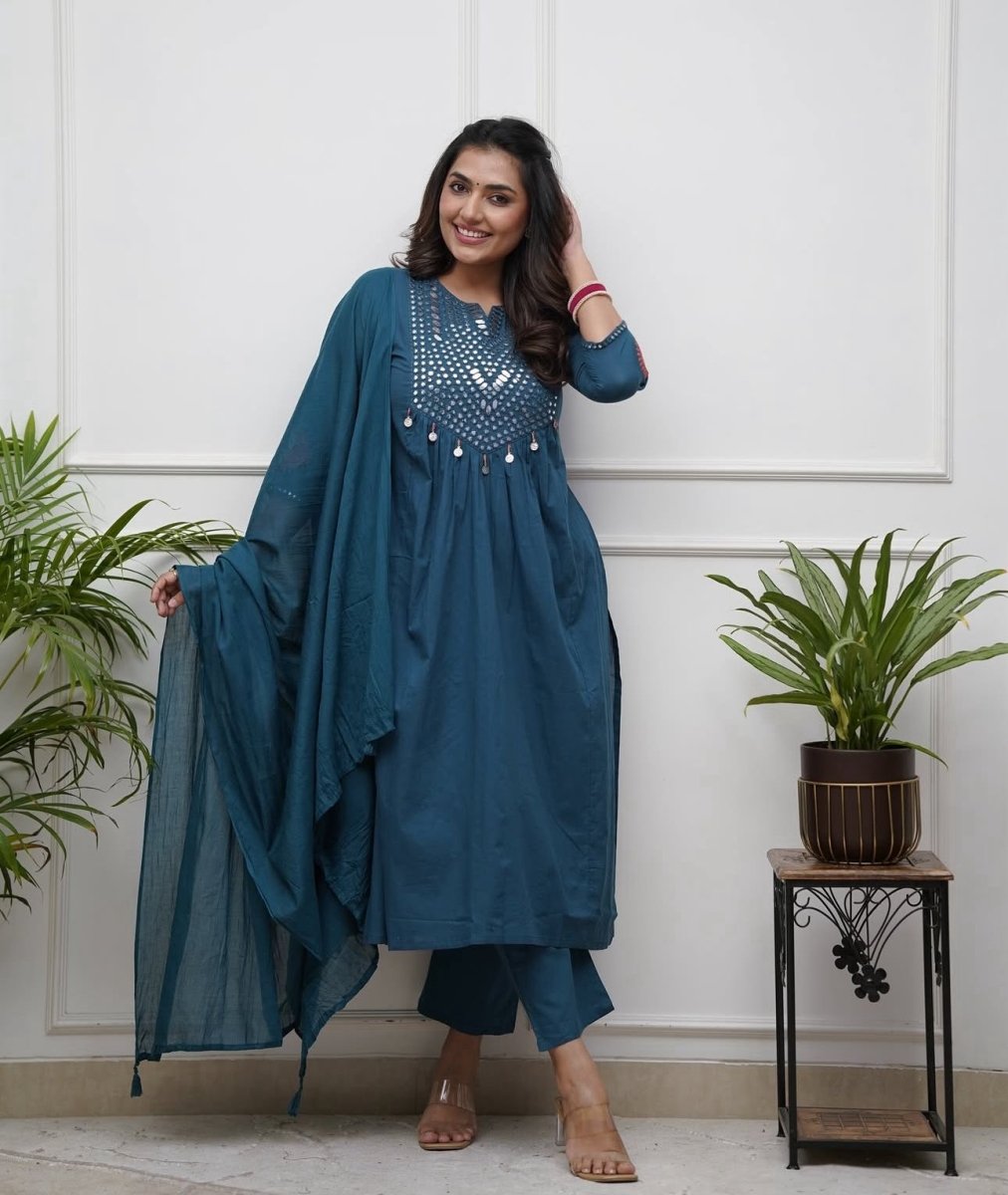 Turquoise Blue Mirror Embroidery Cotton Anarkali Suit Set - BONYHUBSALWAR KAMEEZ