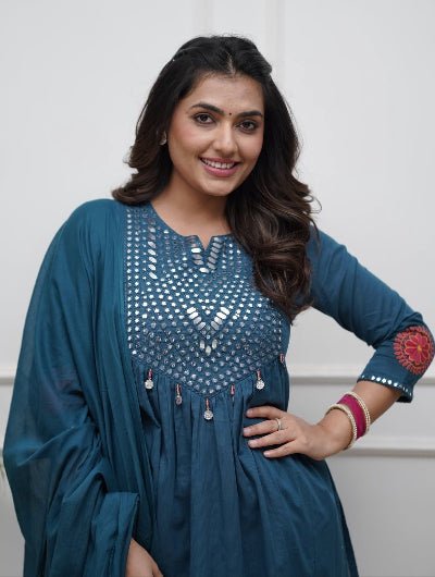 Turquoise Blue Mirror Embroidery Cotton Anarkali Suit Set - BONYHUBSALWAR KAMEEZ