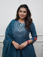 Turquoise Blue Mirror Embroidery Cotton Anarkali Suit Set - BONYHUBSALWAR KAMEEZ