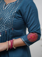 Turquoise Blue Mirror Embroidery Cotton Anarkali Suit Set - BONYHUBSALWAR KAMEEZ