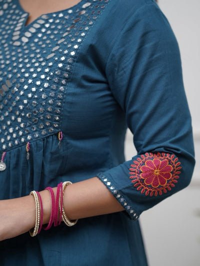 Turquoise Blue Mirror Embroidery Cotton Anarkali Suit Set - BONYHUBSALWAR KAMEEZ