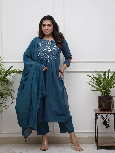 Turquoise Blue Mirror Embroidery Cotton Anarkali Suit Set - BONYHUBSALWAR KAMEEZ