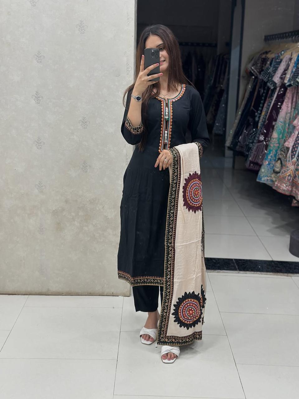 Black Beautiful Embroidery Pure Cotton Straight Suit - BONYHUBSALWAR KAMEEZ
