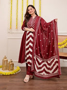 Elegant Maroon Printed Cotton Embroidery Anarkali Suit - BONYHUBSALWAR KAMEEZ