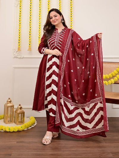 Elegant Maroon Printed Cotton Embroidery Anarkali Suit - BONYHUBSALWAR KAMEEZ