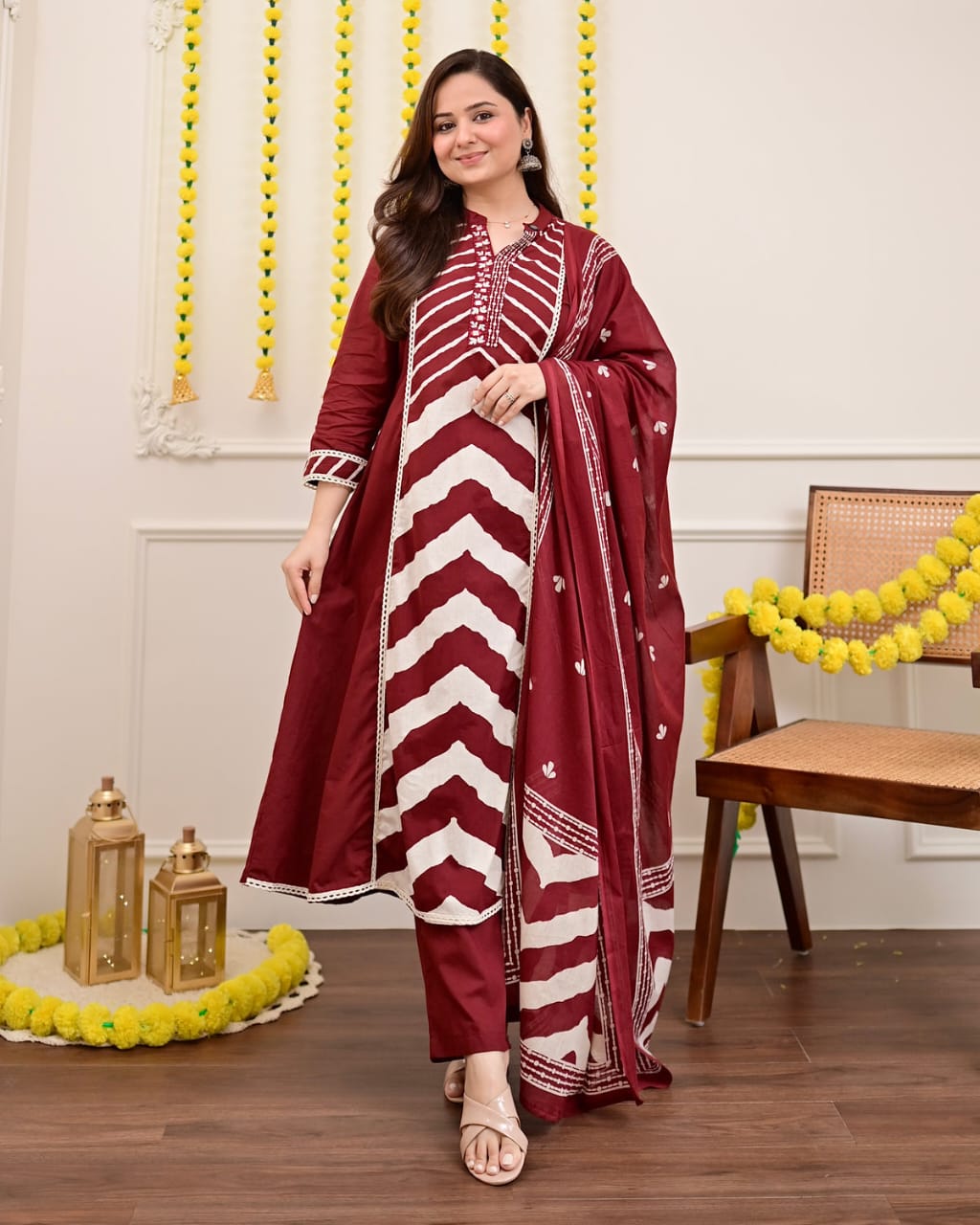 Elegant Maroon Printed Cotton Embroidery Anarkali Suit - BONYHUBSALWAR KAMEEZ
