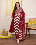 Elegant Maroon Printed Cotton Embroidery Anarkali Suit - BONYHUBSALWAR KAMEEZ