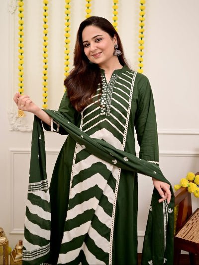 Olive Green Printed Cotton Embroidery Anarkali Suit - BONYHUBSALWAR KAMEEZ