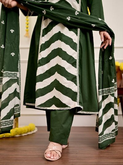 Olive Green Printed Cotton Embroidery Anarkali Suit - BONYHUBSALWAR KAMEEZ