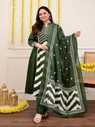 Olive Green Printed Cotton Embroidery Anarkali Suit - BONYHUBSALWAR KAMEEZ