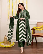 Olive Green Printed Cotton Embroidery Anarkali Suit - BONYHUBSALWAR KAMEEZ