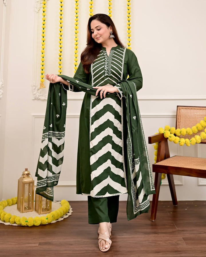 Olive Green Printed Cotton Embroidery Anarkali Suit - BONYHUBSALWAR KAMEEZ